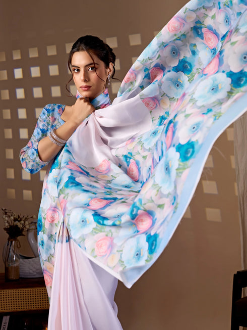 Multi Soft Satin Georgette Saree With Blouse - Styled View | Samyak Fashion