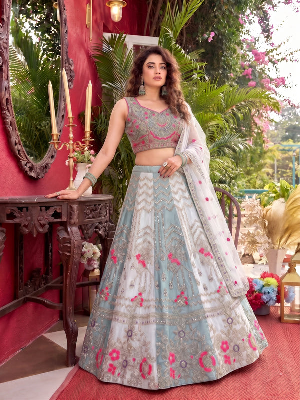 Multi Tabby Silk Lehenga Choli Ethnic Coding Sequins Work With Can-can & Canvas Patta - Front View | Samyak Fashion