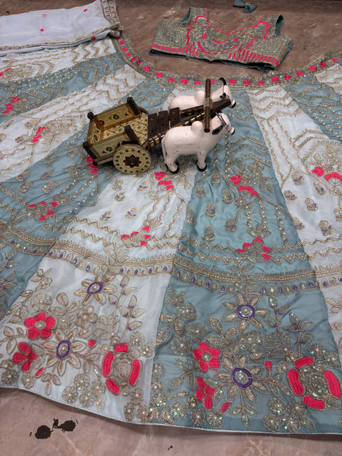 Multi Tabby Silk Lehenga Choli Ethnic Coding Sequins Work With Can-can & Canvas Patta - Side View | Samyak Fashion