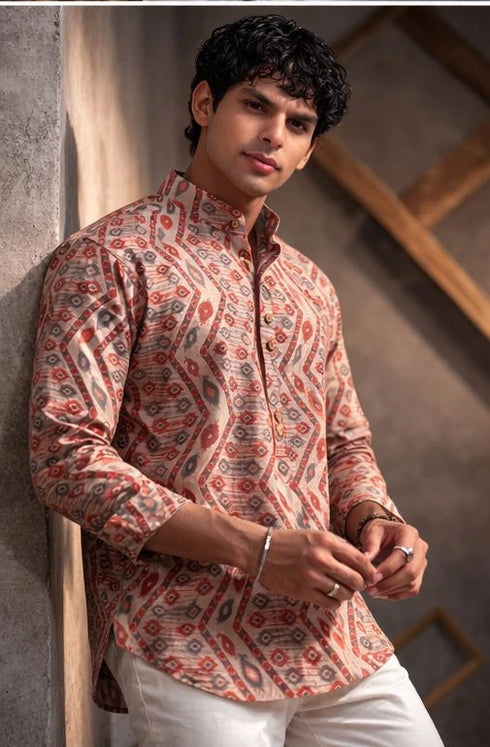 Multicolor Linen Mens Short Kurta - Detail View | Samyak Fashion
