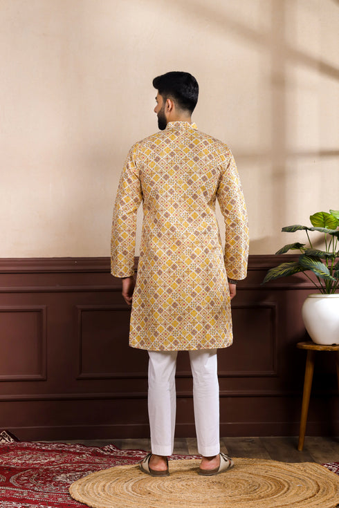 Mustard Art Silk Mens Kurta With Payjama - Back View | Samyak Fashion