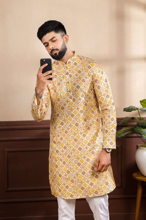 Mustard Art Silk Mens Kurta With Payjama - Side View | Samyak Fashion