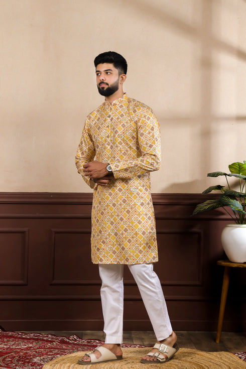 Mustard Art Silk Mens Kurta With Payjama - Detail View | Samyak Fashion