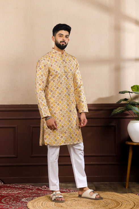 Mustard Art Silk Mens Kurta With Payjama - Close-up View | Samyak Fashion