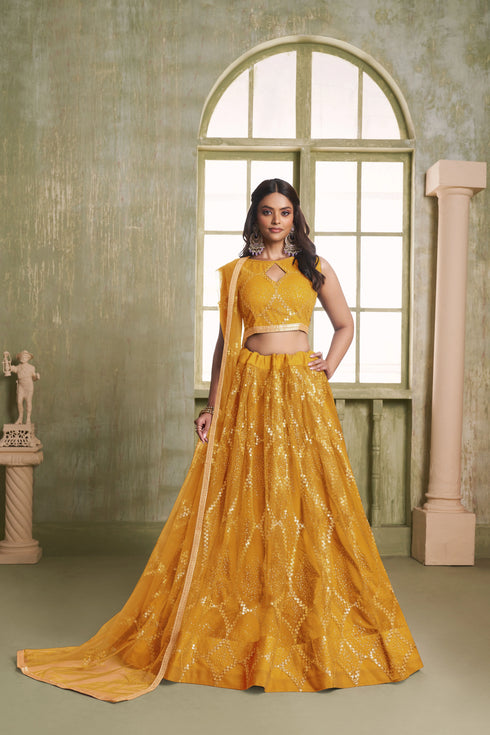 Mustard Butterfly Net Lahenga Choli - Front View | Samyak Fashion