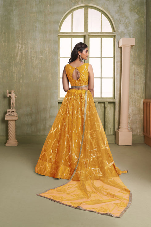 Mustard Butterfly Net Lahenga Choli - Back View | Samyak Fashion