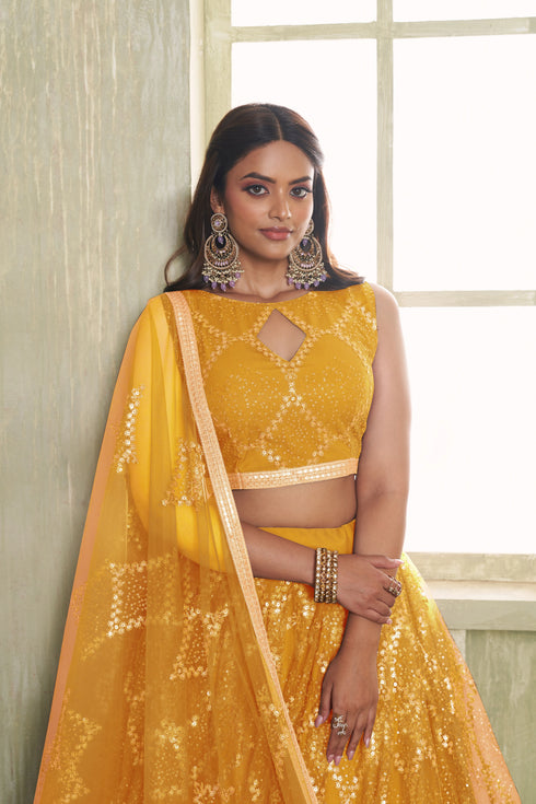 Mustard Butterfly Net Lahenga Choli - Side View | Samyak Fashion