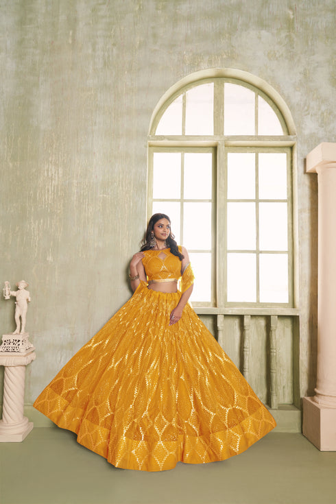 Mustard Butterfly Net Lahenga Choli - Detail View | Samyak Fashion