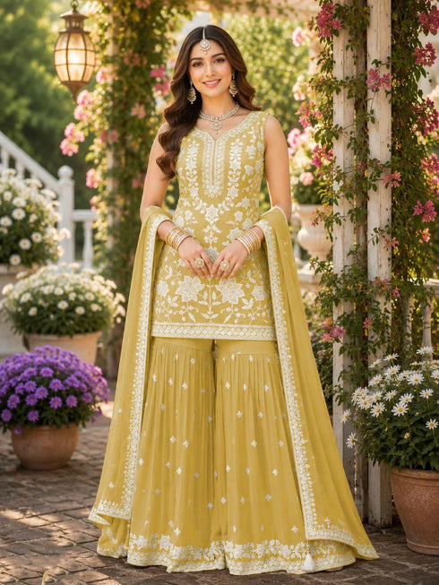 Mustard Chiffon Sharara - Front View | Samyak Fashion