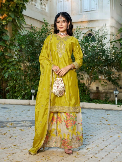 Mustard Chinon Plazzo Suit With Dupatta - Front View | Samyak Fashion