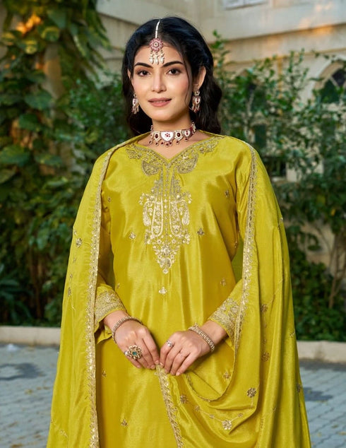 Mustard Chinon Plazzo Suit With Dupatta - Back View | Samyak Fashion