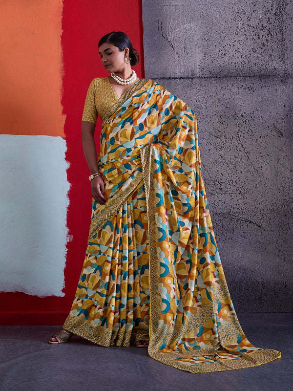 Mustard Crepe Elegant Party Wear Saree Collection With Blouse - Front View | Samyak Fashion