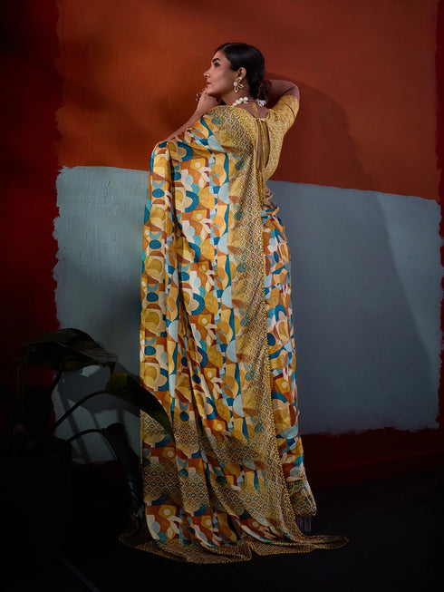 Mustard Crepe Elegant Party Wear Saree Collection With Blouse - Side View | Samyak Fashion