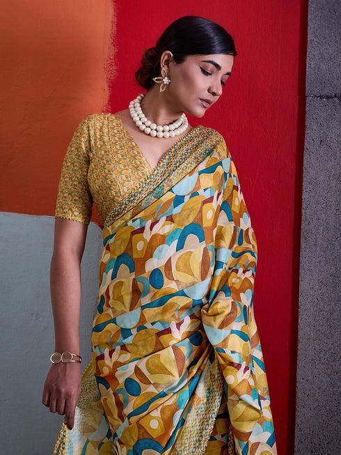 Mustard Crepe Elegant Party Wear Saree Collection With Blouse - Detail View | Samyak Fashion