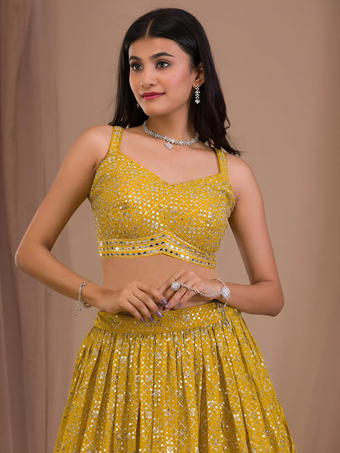 Mustard Georgette Lehenga Choli - Side View | Samyak Fashion