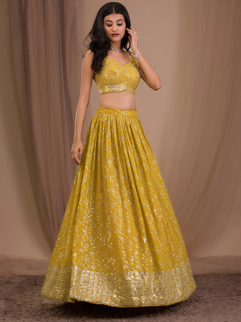 Mustard Georgette Lehenga Choli - Detail View | Samyak Fashion