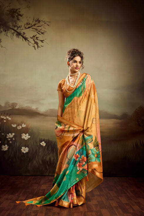 Mustard Jacquard Elegant Party Wear Saree Collection With Blouse - Front View | Samyak Fashion