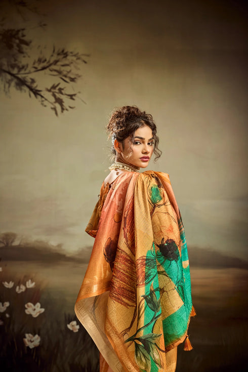 Mustard Jacquard Elegant Party Wear Saree Collection With Blouse - Close-up View | Samyak Fashion