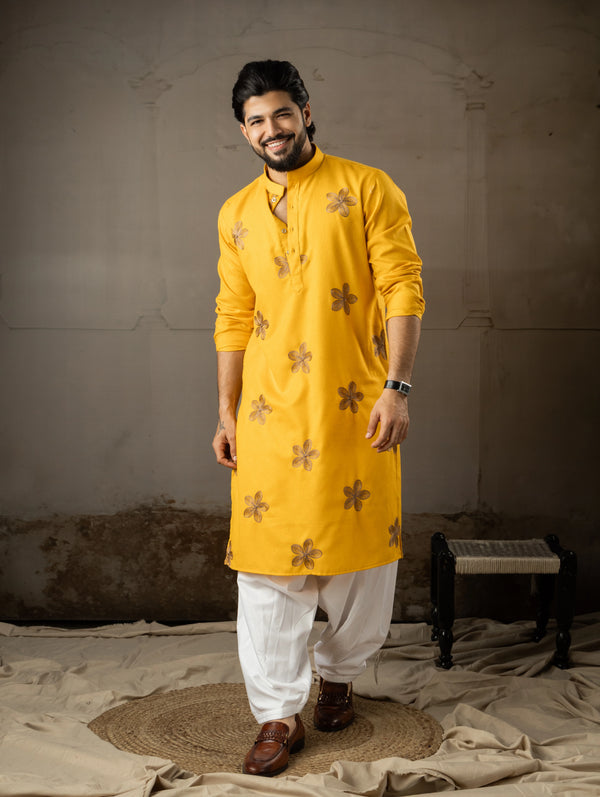 Mustard Linen Mens Kurta With Payjama - Front View | Samyak Fashion