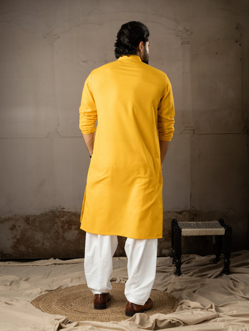 Mustard Linen Mens Kurta With Payjama - Back View | Samyak Fashion