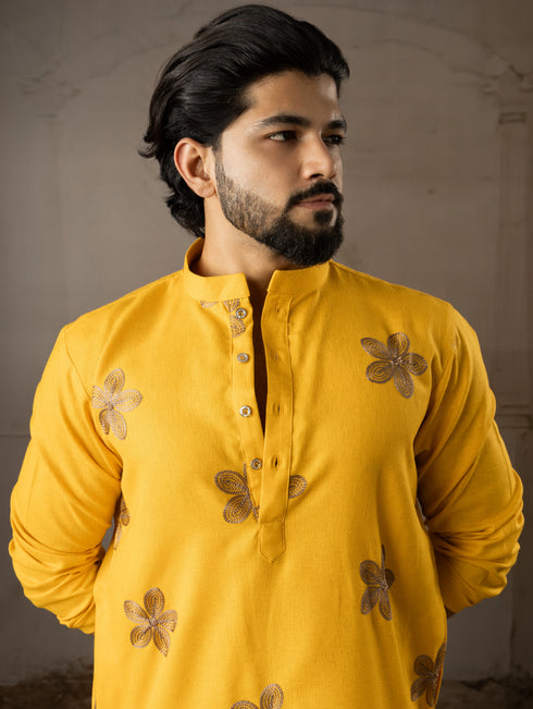 Mustard Linen Mens Kurta With Payjama - Side View | Samyak Fashion