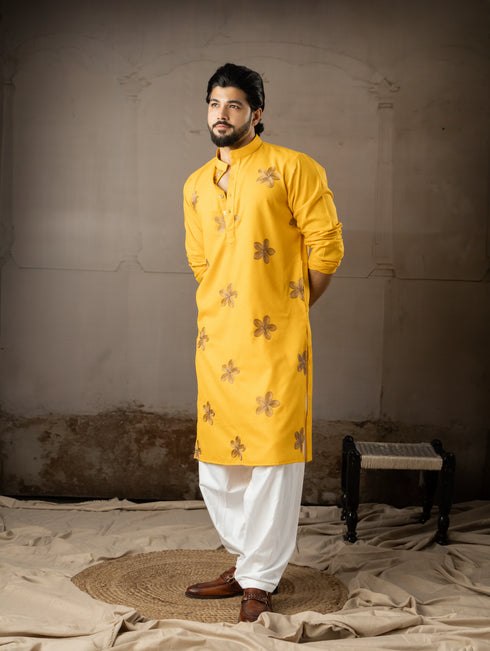 Mustard Linen Mens Kurta With Payjama - Detail View | Samyak Fashion