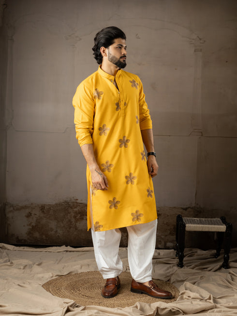 Mustard Linen Mens Kurta With Payjama - Close-up View | Samyak Fashion