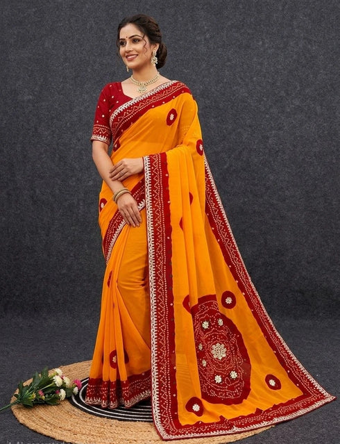 Mustard Pure Soft Cyc Georgette Saree With Blouse - Front View | Samyak Fashion