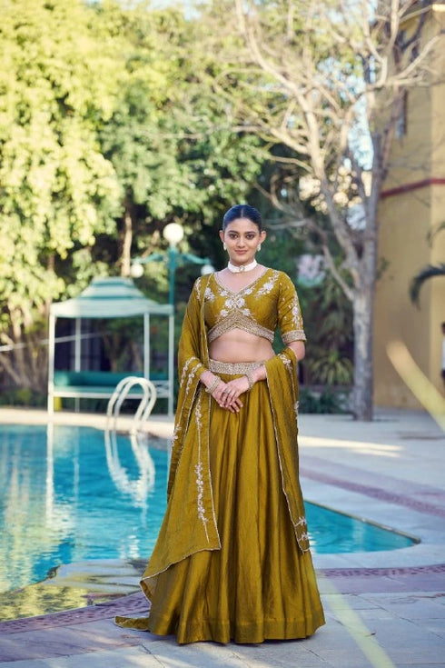 Mustard Rangoli Crush Silk Lehenga Choli Ethnic - Back View | Samyak Fashion