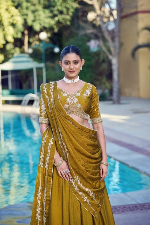 Mustard Rangoli Crush Silk Lehenga Choli Ethnic - Side View | Samyak Fashion