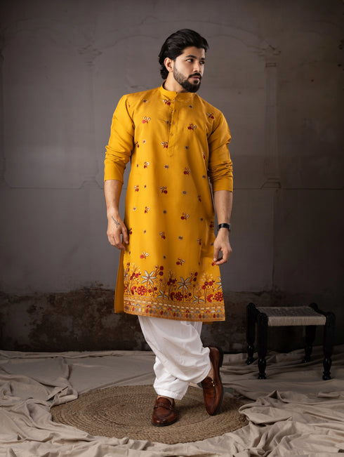 Mustard Silk Mens Kurta With Payjama - Front View | Samyak Fashion