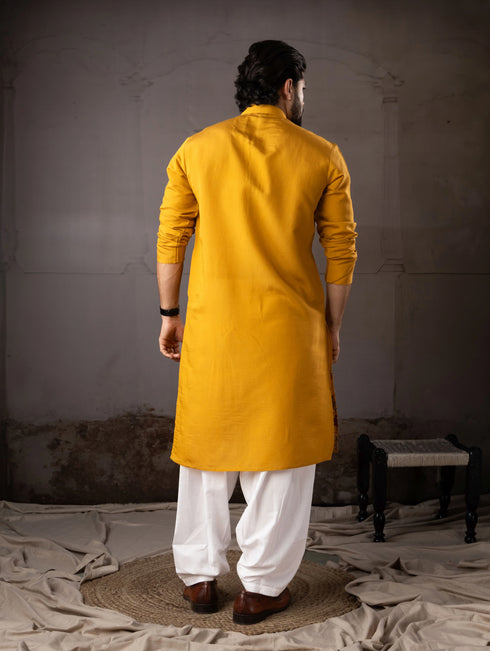 Mustard Silk Mens Kurta With Payjama - Back View | Samyak Fashion