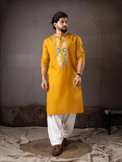 Mustard Silk Mens Kurta With Payjama - Front View | Samyak Fashion