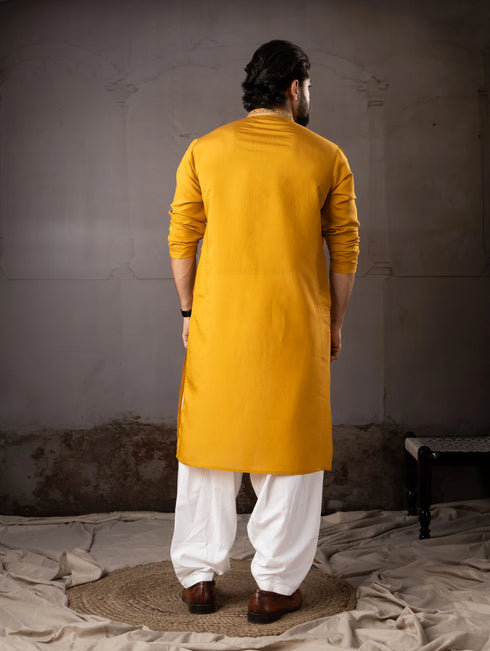 Mustard Silk Mens Kurta With Payjama - Back View | Samyak Fashion