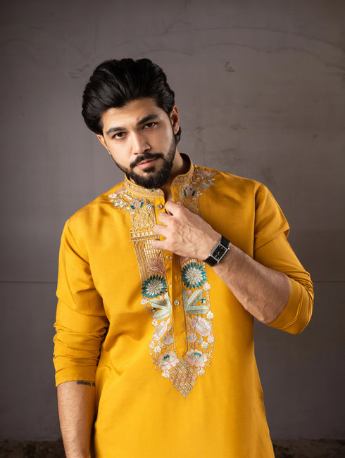 Mustard Silk Mens Kurta With Payjama - Side View | Samyak Fashion