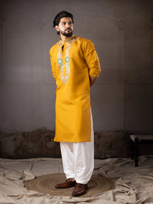 Mustard Silk Mens Kurta With Payjama - Detail View | Samyak Fashion