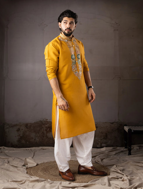 Mustard Silk Mens Kurta With Payjama - Close-up View | Samyak Fashion