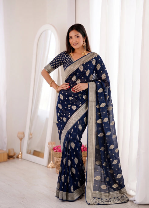 Navy Blue Banarasi Soft Silk Party Wear Saree With Blouse - Front View | Samyak Fashion