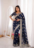 Navy Blue Banarasi Soft Silk Party Wear Saree With Blouse - Front View | Samyak Fashion