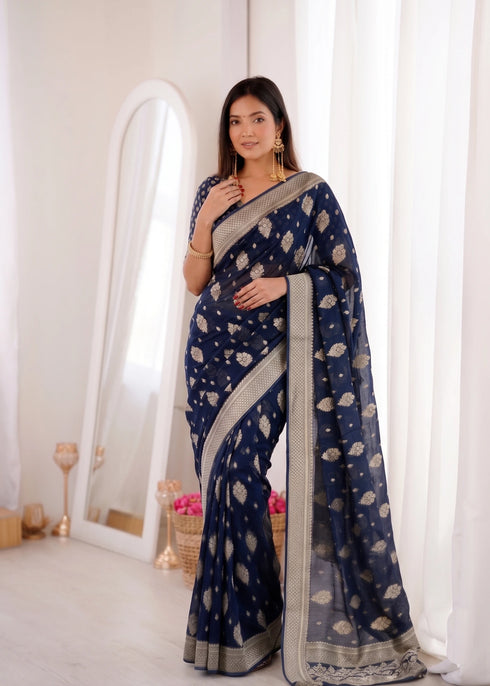Navy Blue Banarasi Soft Silk Party Wear Saree With Blouse - Back View | Samyak Fashion