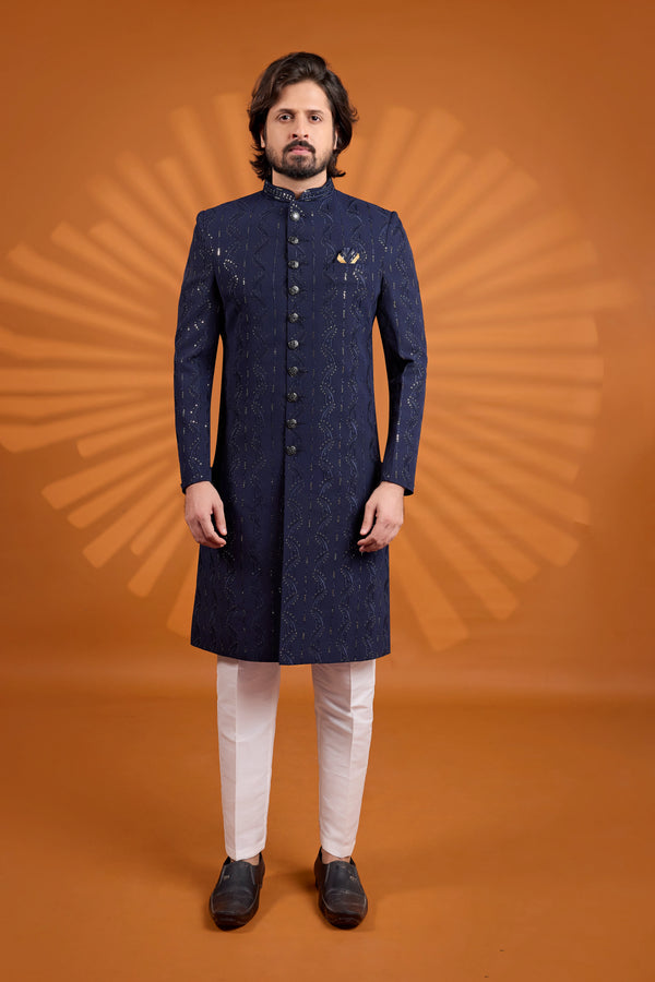 Navy Blue Computer Thread Work On Georgette Mens Premium Men's Sherwani - Front View | Samyak Fashion