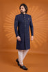 Navy Blue Computer Thread Work On Georgette Mens Premium Men's Sherwani - Back View | Samyak Fashion