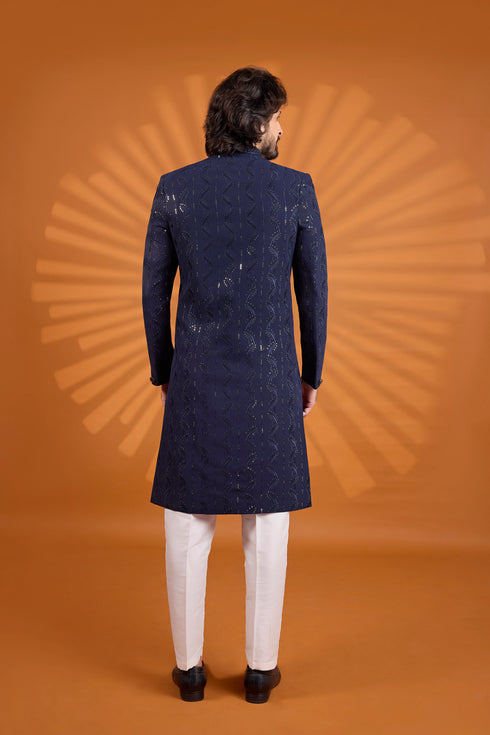 Navy Blue Computer Thread Work On Georgette Mens Premium Men's Sherwani - Side View | Samyak Fashion