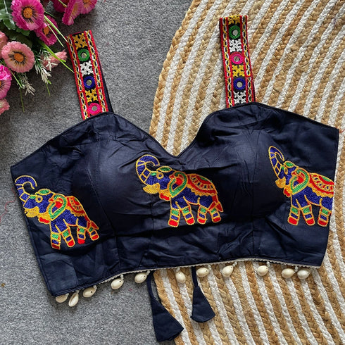 Navy Blue Heavy Magic Cotton Blouse - Detail View | Samyak Fashion