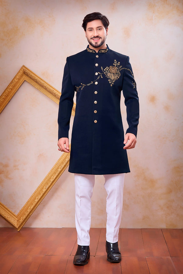 Navy Blue Imported Lachka Fabric Mens Premium Men's Indo Western - Front View | Samyak Fashion