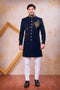Navy Blue Imported Lachka Fabric Mens Premium Men's Indo Western - Front View | Samyak Fashion