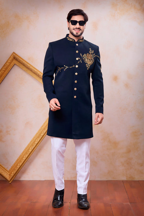 Navy Blue Imported Lachka Fabric Mens Premium Men's Indo Western - Back View | Samyak Fashion