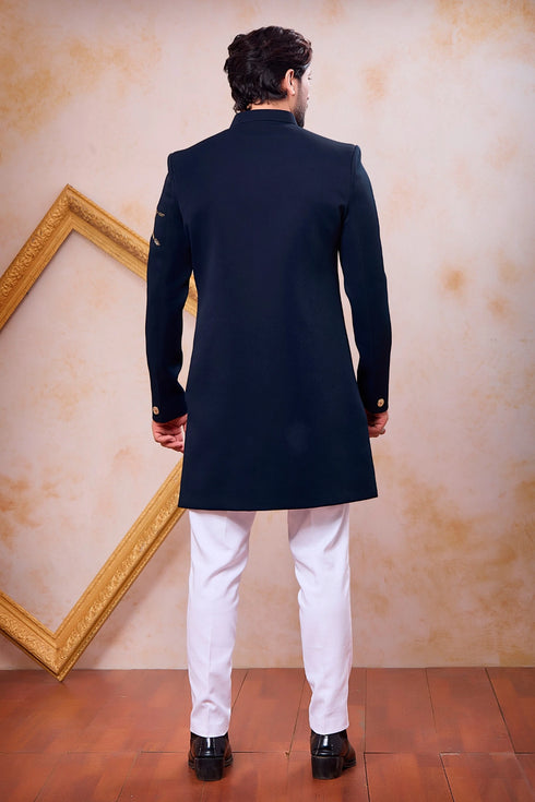 Navy Blue Imported Lachka Fabric Mens Premium Men's Indo Western - Side View | Samyak Fashion