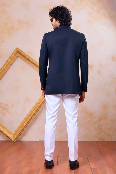 Navy Blue Imported Lachka Fabric Mens Premium Men's Indo Western - Side View | Samyak Fashion