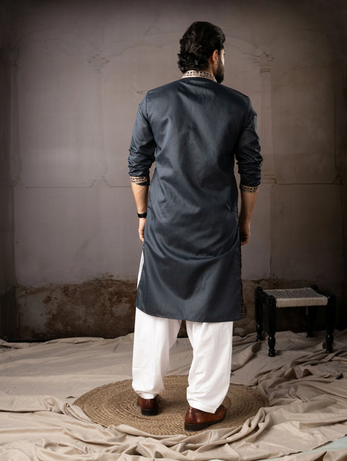 Navy Blue Linen Mens Kurta With Payjama - Back View | Samyak Fashion
